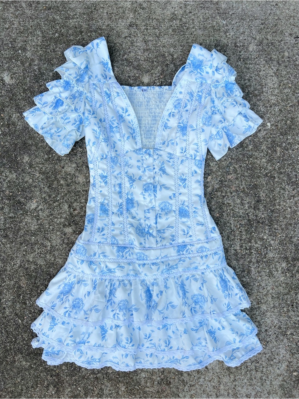 Blue White Floral Mini Dress Smocked Back Ruffle Sleeves Lace Size S